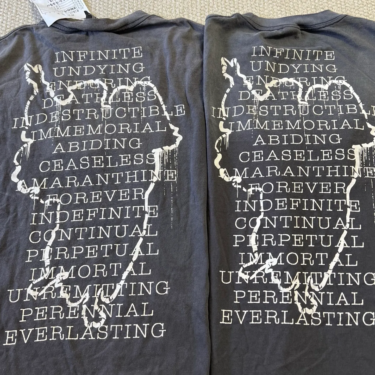Pattern comparison SAINT Mxxxxxx SS TEE/HOPE SPRING/BLK Jesus slogan retro distressed TEE Washed in black S-XL Same as the original version Cylindrical side seam OE yarn fabric Garment dyeing Faded by heavy washing Bust plaster faded Correct pattern matching Original consistent accessories Original level printing restoration